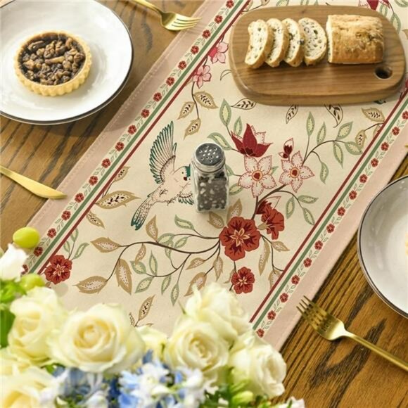 Spring floral table runner with brown birds and blossom print dining room decor - Picture 4 of 7